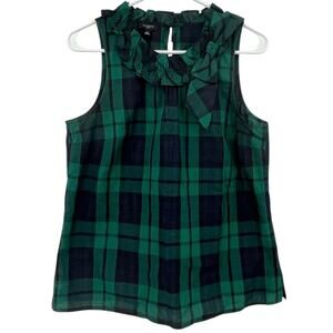 Talbots Navy Green Tartan Plaid Blouse Sleeveless Ruffle Neck Bow Party Small P